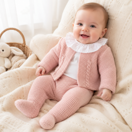bebé vestido com conjunto bebé em malha rosa casaco calça e body