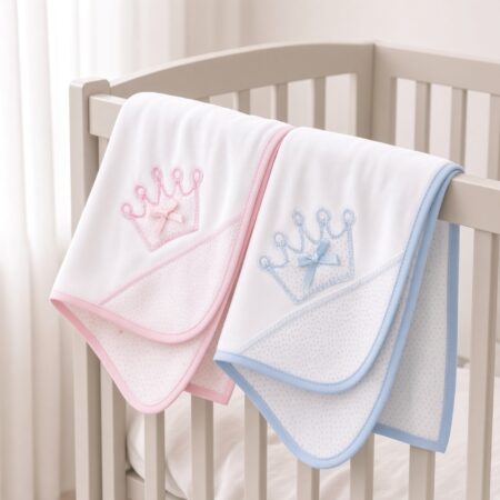 Fralda em algodão com coroa bordada, azul ou rosa | ikisbaby