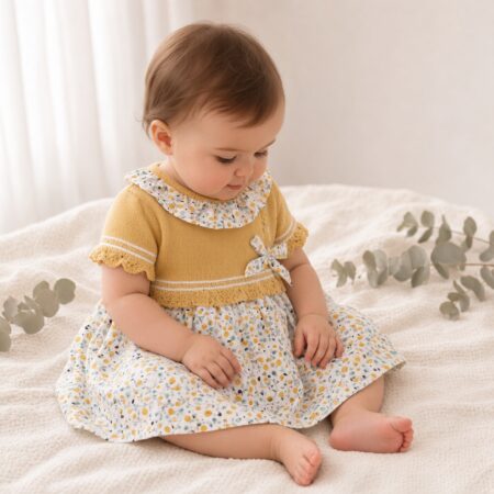 Vestido de bebé amarelo mostarda com saia de flores e limões e gola estampada | Ikisbaby