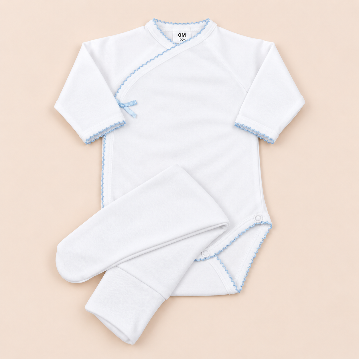 Conjunto interior bebé sem carda 100% algodão com body, calças e contorno azul