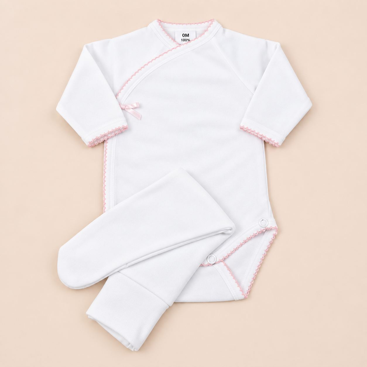 Conjunto interior bebé sem carda 100% algodão com body, calças e contorno rosa