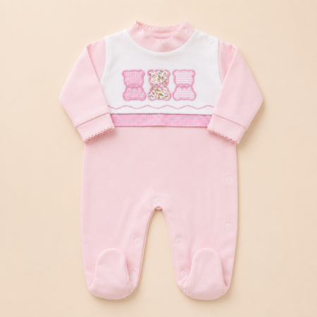 babygrow em algodão rosa e peito branco, com 3 ursos rosas bordados