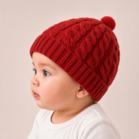 Gorro de malha vermelho com padrão de cabo e pompom, usado por bebé de 0 a 6 meses