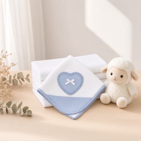Fralda de pano 100% algodão branca com coração e laço azul aplicado | Ikisbaby
