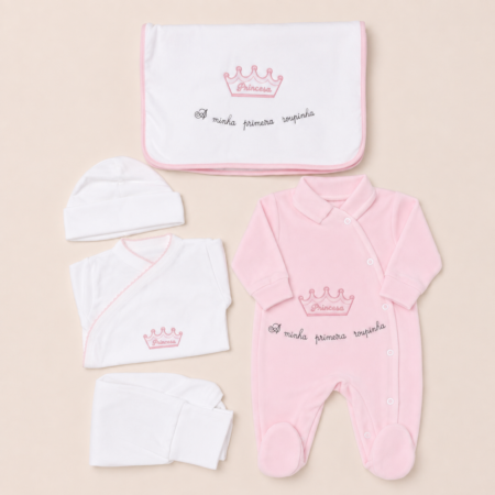 Conjunto primeira roupa de bebé menina com babygrow rosa Princesa, body, calças, gorro e manta | Ikisbaby