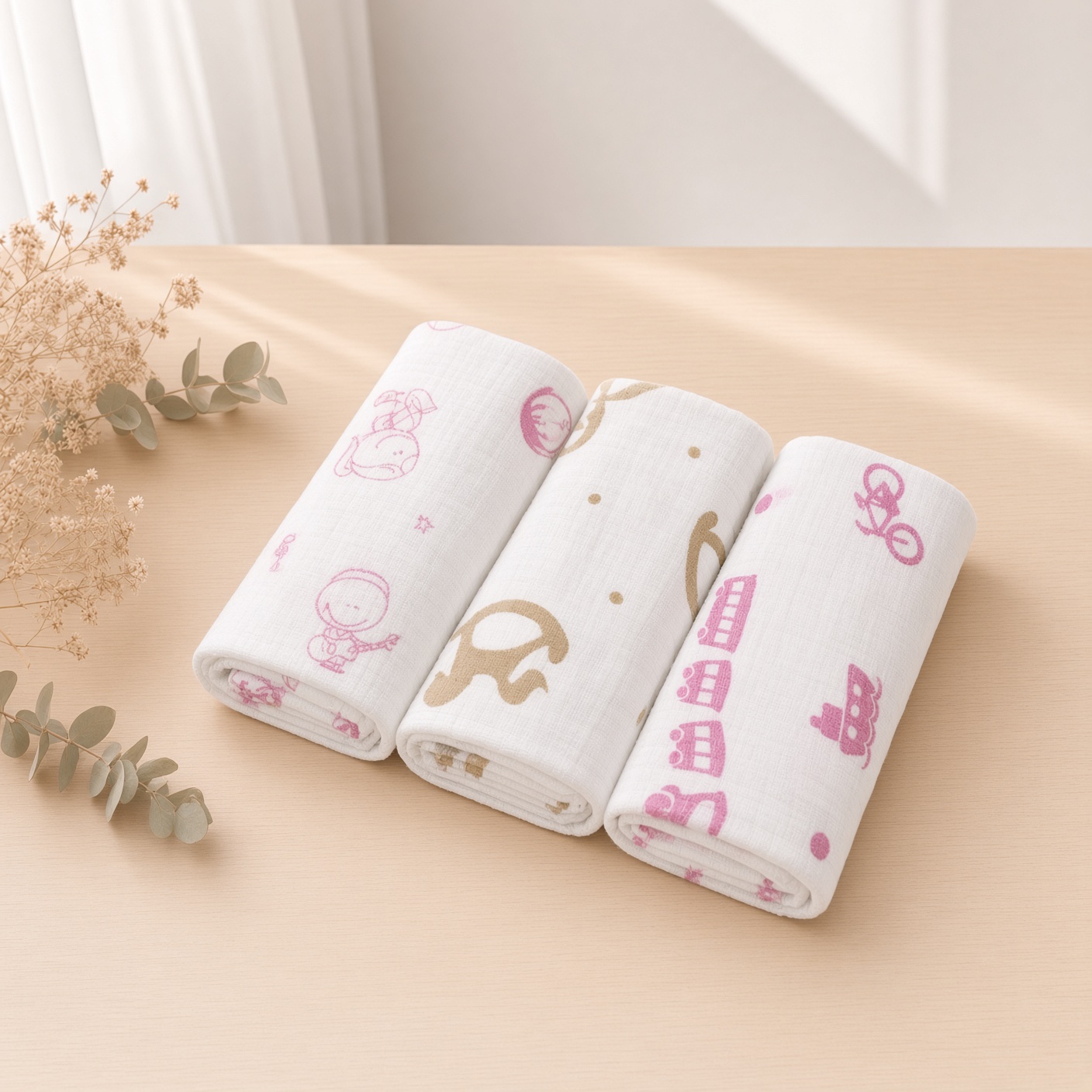 Fraldas de pano 100% algodão para menina - lote de 3 com estampados suaves rosa e bege | Ikisbaby