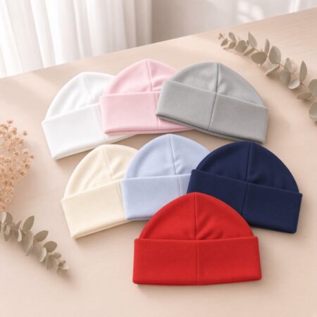 Gorros de bebé em algodão jersey em várias cores: branco, rosa, cinza, creme, azul claro, azul marinho e vermelho, com punho dobrado