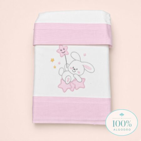 Jogo de lençóis next2me de flanela para bebé branco com faixas rosa e bordado de coelho com estrelas