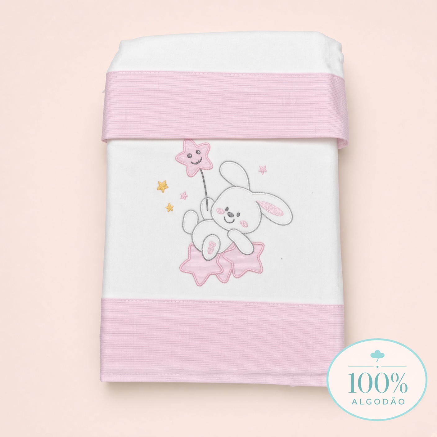 Jogo de lençóis next2me de flanela para bebé branco com faixas rosa e bordado de coelho com estrelas