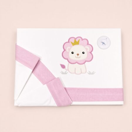 Lençóis para bebé brancos e rosa com bordado de leão