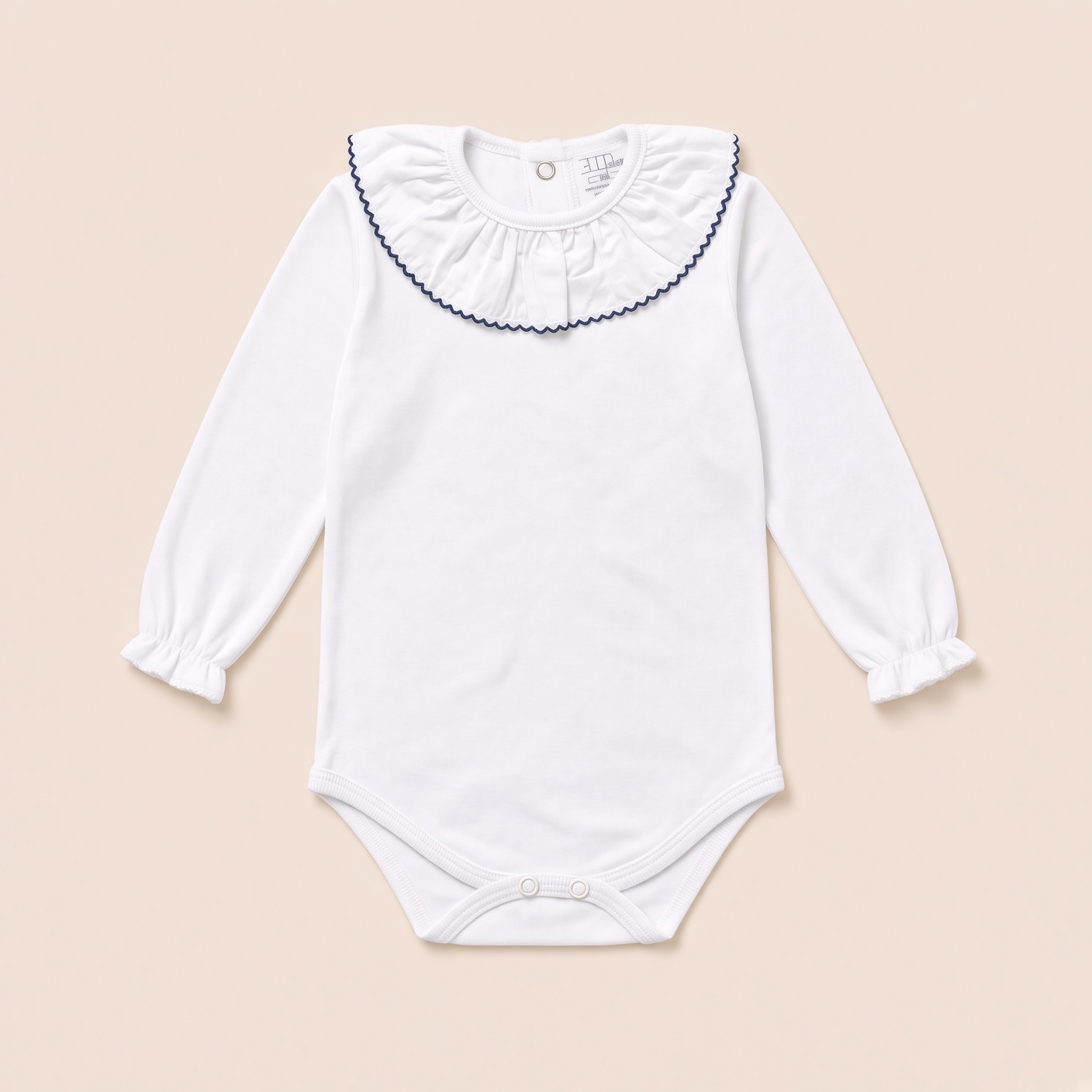 Body de bebé branco e azul marinho com gola franzida 100% algodão