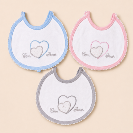 Babete bordado bebé Com Amor azul rosa e cinzento