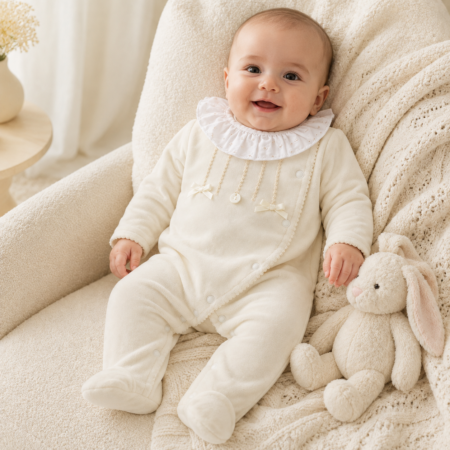 Babygrow de Veludo Pérola com Gola Bordada