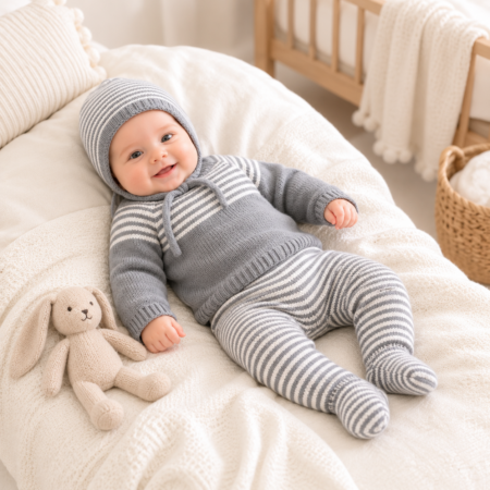 bebé sorridente deitado, vestido com fato de malha cinzento e branco com touca