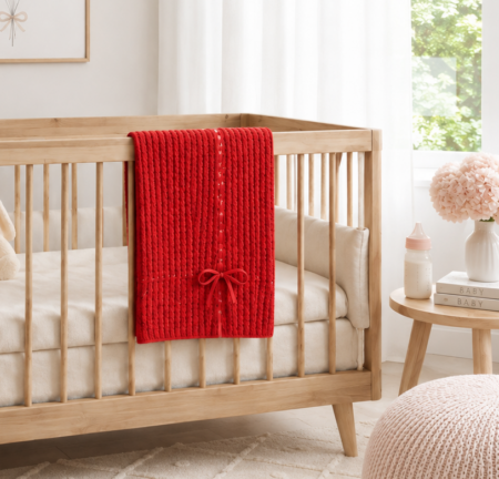 Quarto de bebé onde se apresenta uma cama de grades e uma manta/xaile em malha vermelho | ikisbaby