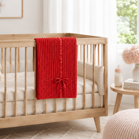 Quarto de bebé onde se apresenta uma cama de grades e uma manta/xaile em malha vermelho | ikisbaby