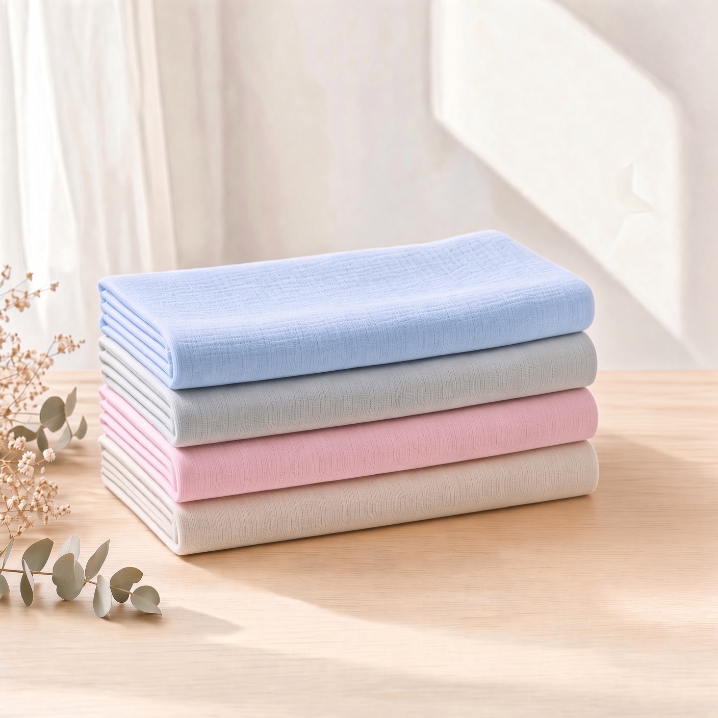 Conjunto de 4 musselinas de algodão 100% em cores pastel (azul, cinza, rosa e bege) | Ikisbaby
